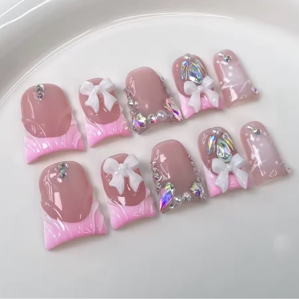 Pink Nude Bow & Crystal Rhinestone Press-On Nails